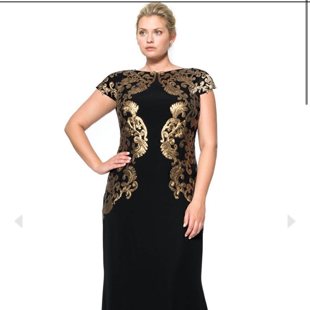 Tadashi Shoji Crepe Draped Open Back Gown With Metallic Paillette Detail